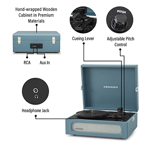 Crosley CR8017B-WB Voyager Vintage Portable Vinyl Record Player Turntable with Bluetooth in/Out and Built-in Speakers, Washed Blue - Image 3