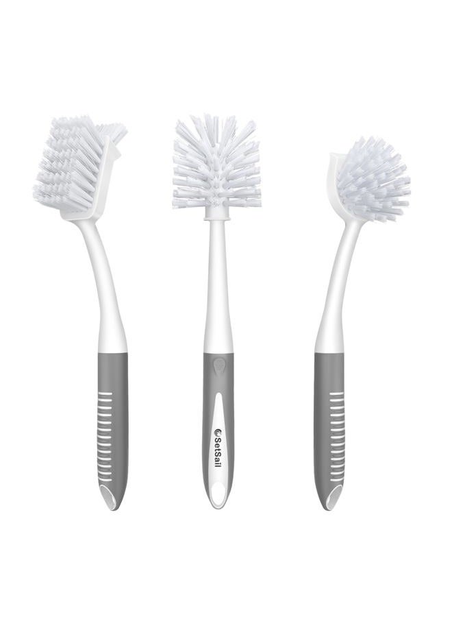 SetSail Dish Brush Set of 3 with Bottle Brush, Dish Scrub Brush with Long Handle Deep Cleaning Handle Brush with Scraper Tip for Kitchen Sink Dishes Bottle Cup Pot and Pans Tile Lines, Grey - Image 1