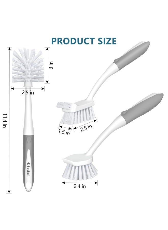 SetSail Dish Brush Set of 3 with Bottle Brush, Dish Scrub Brush with Long Handle Deep Cleaning Handle Brush with Scraper Tip for Kitchen Sink Dishes Bottle Cup Pot and Pans Tile Lines, Grey - Image 2