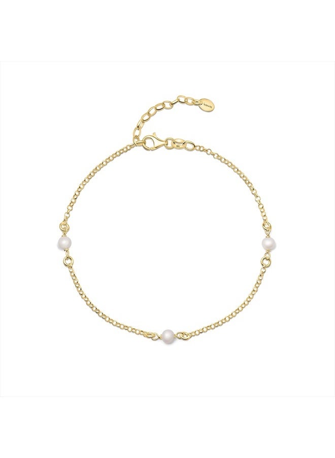Amberta Women 925 Sterling Silver Freshwater Pearl Anklet: 4-5 mm Pearl Beaded - Gold Plated Anklet 9.8 inch  - Image 1
