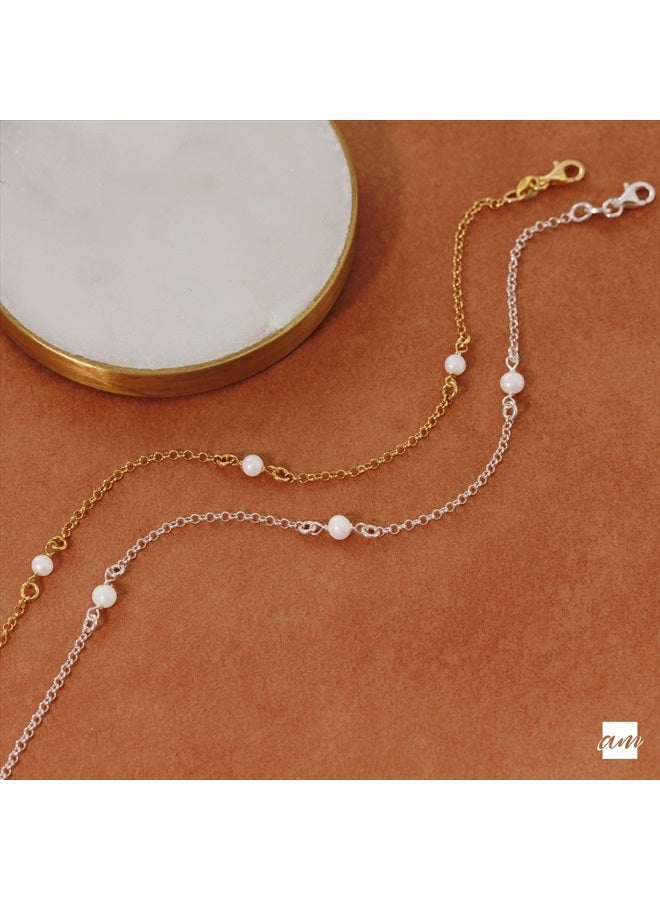 Amberta Women 925 Sterling Silver Freshwater Pearl Anklet: 4-5 mm Pearl Beaded - Gold Plated Anklet 9.8 inch  - Image 3