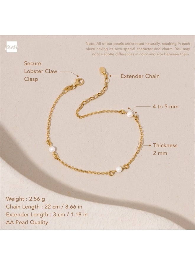Amberta Women 925 Sterling Silver Freshwater Pearl Anklet: 4-5 mm Pearl Beaded - Gold Plated Anklet 9.8 inch  - Image 5