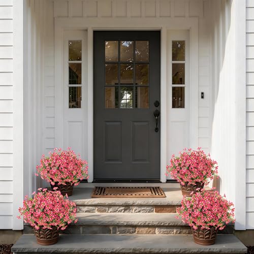 VIERENA 2 Set of Artificial Morning Glory & Eucalyptus Topiary Trees - Faux Silk Flower Potted Plants, UV-Resistant Fake Outdoor Morning Glory Bushes for Front Door, Yard, Farmhouse, Garden Decor (Rose Red) - Image 4
