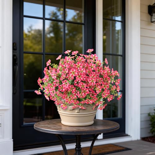 VIERENA 2 Set of Artificial Morning Glory & Eucalyptus Topiary Trees - Faux Silk Flower Potted Plants, UV-Resistant Fake Outdoor Morning Glory Bushes for Front Door, Yard, Farmhouse, Garden Decor (Rose Red) - Image 3