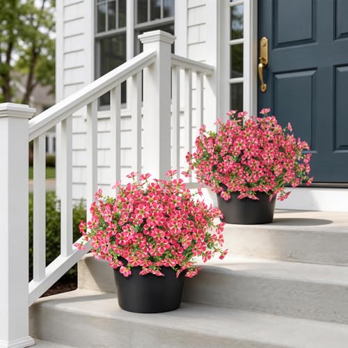 VIERENA 2 Set of Artificial Morning Glory & Eucalyptus Topiary Trees - Faux Silk Flower Potted Plants, UV-Resistant Fake Outdoor Morning Glory Bushes for Front Door, Yard, Farmhouse, Garden Decor (Rose Red) - Image 2