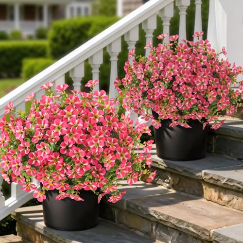 VIERENA 2 Set of Artificial Morning Glory & Eucalyptus Topiary Trees - Faux Silk Flower Potted Plants, UV-Resistant Fake Outdoor Morning Glory Bushes for Front Door, Yard, Farmhouse, Garden Decor (Rose Red) - Image 1