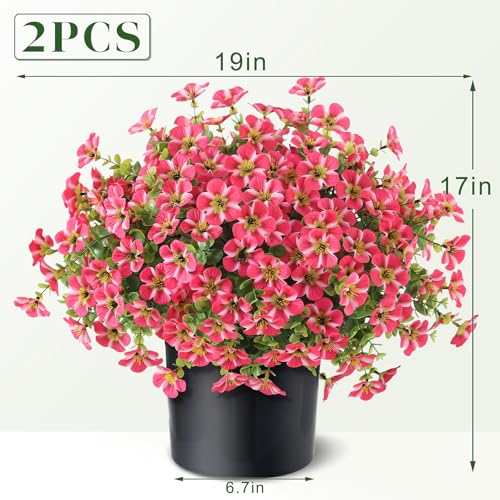 VIERENA 2 Set of Artificial Morning Glory & Eucalyptus Topiary Trees - Faux Silk Flower Potted Plants, UV-Resistant Fake Outdoor Morning Glory Bushes for Front Door, Yard, Farmhouse, Garden Decor (Rose Red) - Image 5