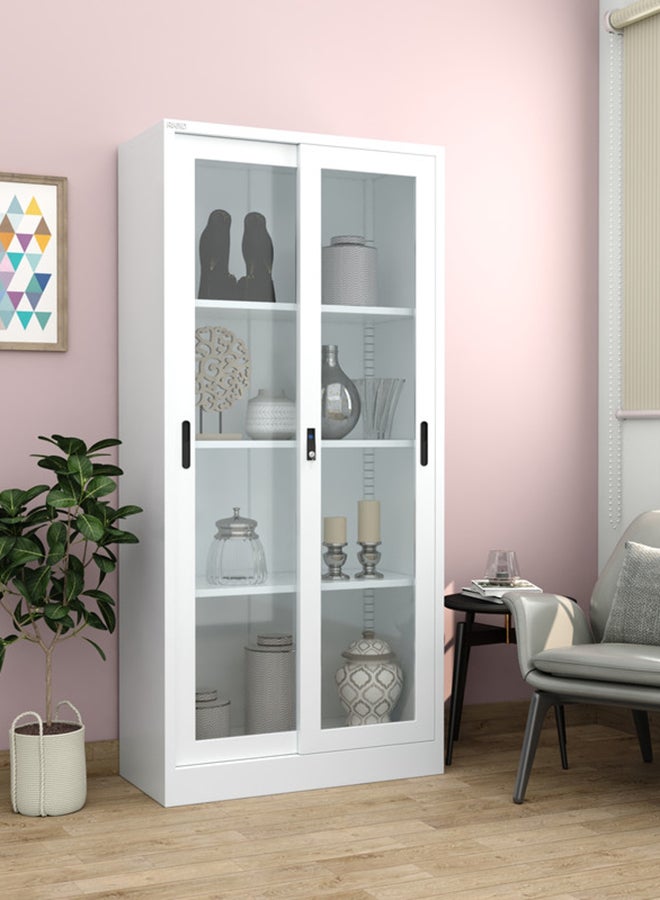 RIGID Steel Filing Cupboard with Glass Sliding Doors Lockable Metal Storage Cabinet with Adjustable Shelves for Home & Office Use (White, 40D x 90W x 183H CM) – Assembled - Image 1