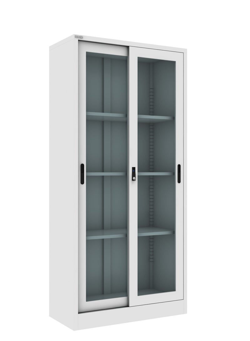 RIGID Steel Filing Cupboard with Glass Sliding Doors Lockable Metal Storage Cabinet with Adjustable Shelves for Home & Office Use (White, 40D x 90W x 183H CM) – Assembled - Image 3