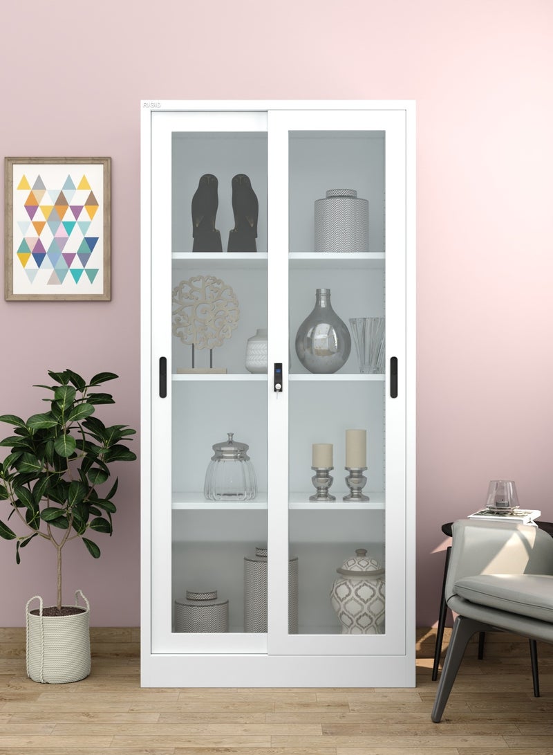 RIGID Steel Filing Cupboard with Glass Sliding Doors Lockable Metal Storage Cabinet with Adjustable Shelves for Home & Office Use (White, 40D x 90W x 183H CM) – Assembled - Image 5