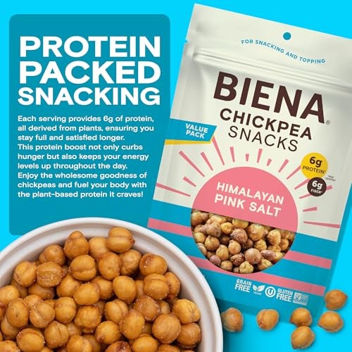 BIENA Chickpea Snacks - Crunchy Roasted Chickpeas - High Fiber Vegan Protein Snacks for Adults and Kids - Individual Pack - Himalayan Pink Salt - Image 5