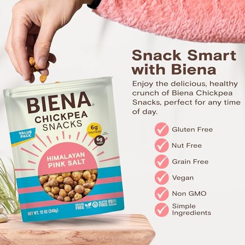 BIENA Chickpea Snacks - Crunchy Roasted Chickpeas - High Fiber Vegan Protein Snacks for Adults and Kids - Individual Pack - Himalayan Pink Salt - Image 4