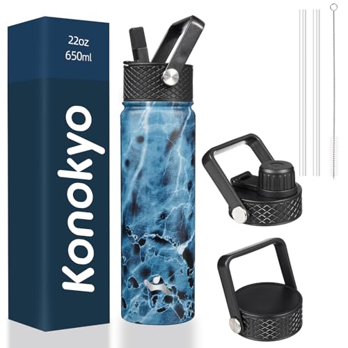 Konokyo 22oz Stainless Steel Bottles with 3 Lids Sport Insulated Water Bottle,Marble Ocean - Image 1