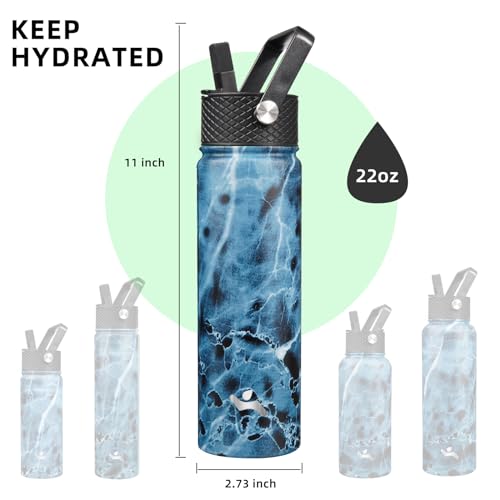 Konokyo 22oz Stainless Steel Bottles with 3 Lids Sport Insulated Water Bottle,Marble Ocean - Image 5
