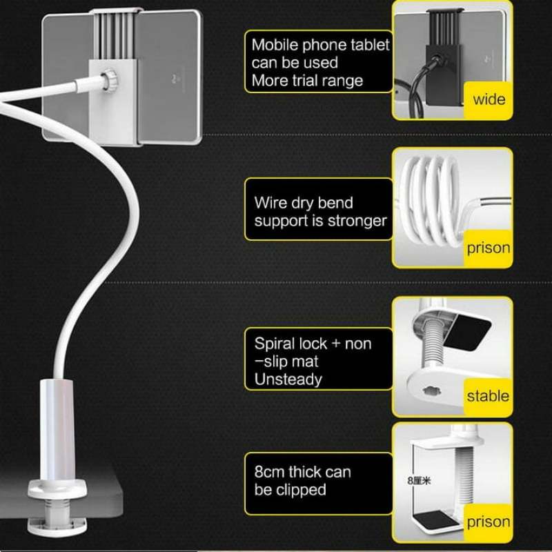 Phone Stand: 360° Rotating Flexible Metal-PVC Arm - Anti-Slip Double Screw Fixation Tablet Holder for Bedroom Kitchen Gym Office - Image 1
