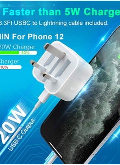 USB C Wall Charger 20W PD Adapter with Lightning Cable Compatible iPhone 14/14 Pro/14 Pro Max/14 Plus/13 12 11 Pro Max/Pro/Mini/Xs Max/XR/X,iPad--White