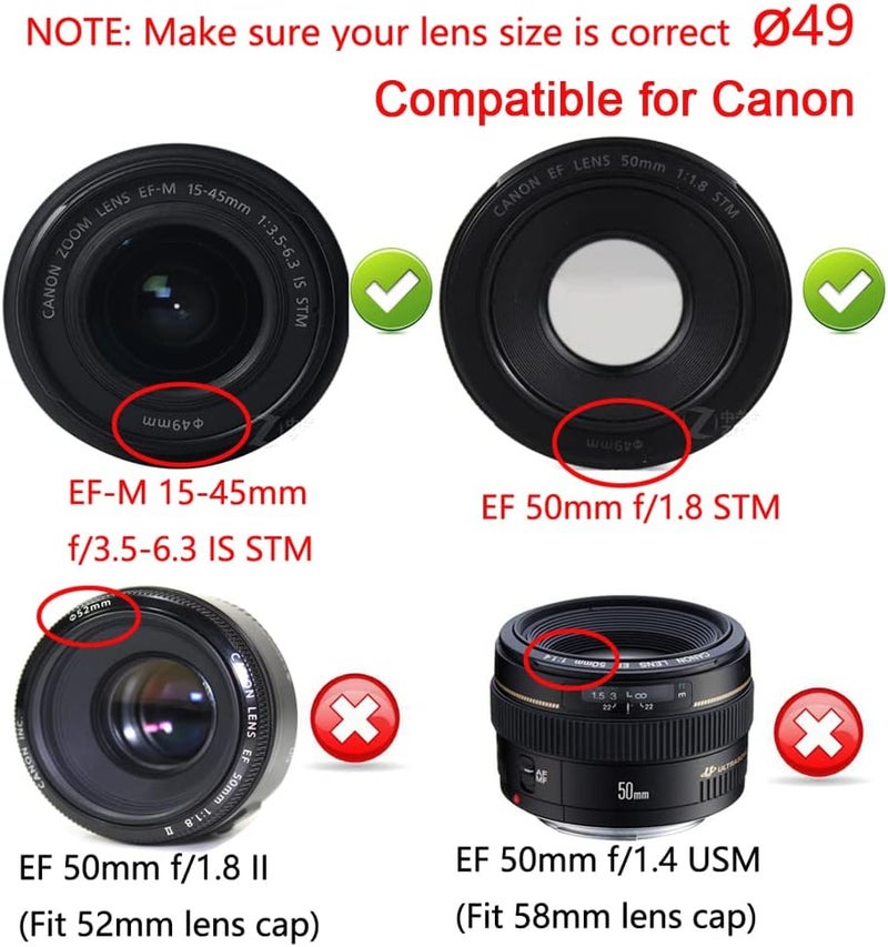 YRTIYO 2 Pack 49mm Center Pinch Lens Cap for Sony RX1R NEX-7 5N F3 SEL 18-55mm E 55-210mm 49mm Lens/Canon M50 M100 M6 With EF-M 15-45mm IS STM/EF 50mm f/1.8 STM Lens - Image 5