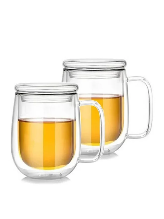 1 تشيس 1CHASE Set of 2 - Double Walled Glass Coffee Cups With Handle And Glass Lid, 350ml