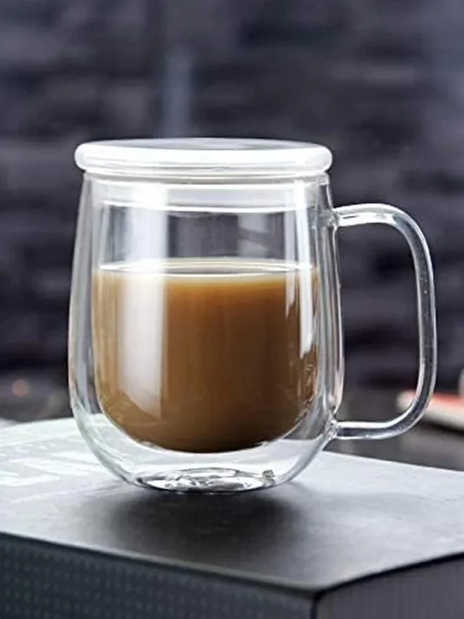 1Chase  1CHASE Set of 2 - Double Walled Glass Coffee Cups With Handle And Glass Lid, 350ml  | Best Price UAE