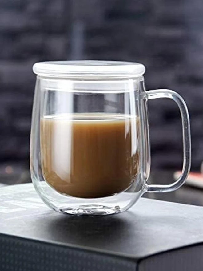 1CHASE Set of 2 - Double Walled Glass Coffee Cups With Handle And Glass Lid, 350ml - Image 3