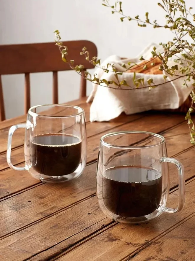 1 تشيس 1CHASE Set of 2 - Double Walled Glass Coffee Cups With Handle And Glass Lid, 350ml