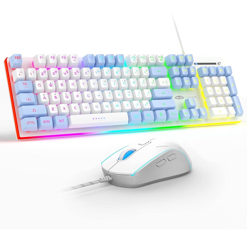 MageGee مجموعة لوحة مفاتيح وفأرة للألعاب، لوحة مفاتيح مكتبية مضاءة بـ RGB حقيقية، 104 مفاتيح مع لوحة معدنية مضادة للتداخل، لوحة مفاتيح سلكية هادئة لأجهزة الكمبيوتر المحمولة وأجهزة الكمبيوتر للألعاب - أبيض/أزرق - Image 1