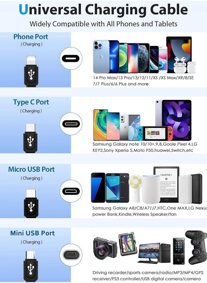 Kingback - Multi Charging Cable 4 in 1 Multi USB Charger Cable Retractable Universal Multiple USB Charging Cord Adapter with Mini USB/ IP/Micro USB/Type C Port for PS3/Samsung Galaxy/LG/HTC More [2Pack/3Ft] - Image 1
