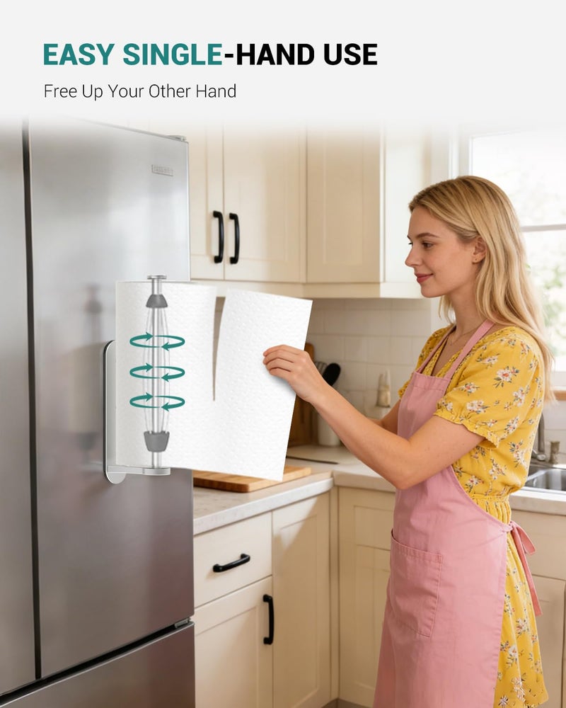 PAROTO Magnetic Paper Towel Holder for Fridge -No Drill, One Hand Tear RV Paper Towel Holder with Ratchet Mechanism, Self-Adhesive & Wall Mount for Refrigerator, Kitchen, Grill, Garage (Silver) - Image 3