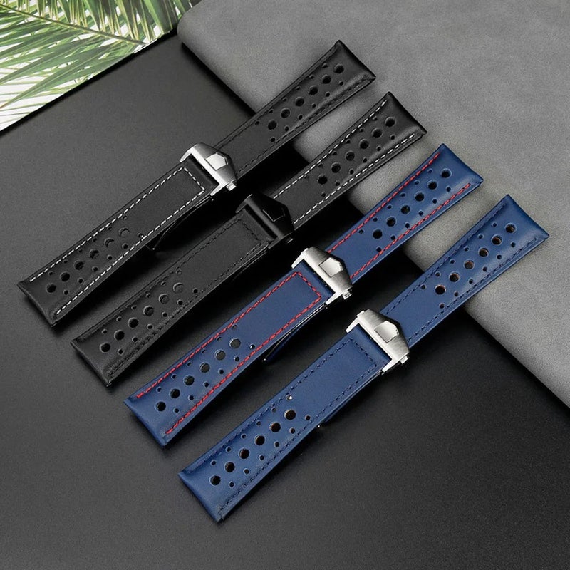 Bluejw Luxury 22mm Blue & White Genuine Calf Leather Watch Strap VINTAGE Rally Replacement Band Adjustable for Heue Wrist Watches - Image 3