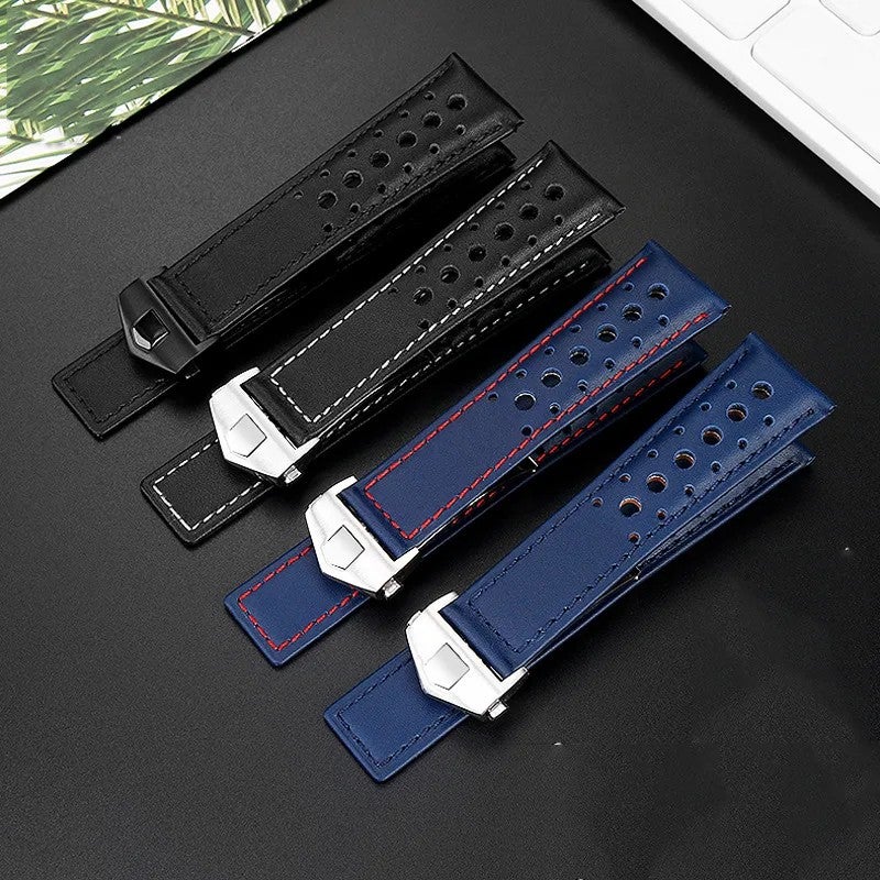 Bluejw Luxury 22mm Blue & White Genuine Calf Leather Watch Strap VINTAGE Rally Replacement Band Adjustable for Heue Wrist Watches - Image 5