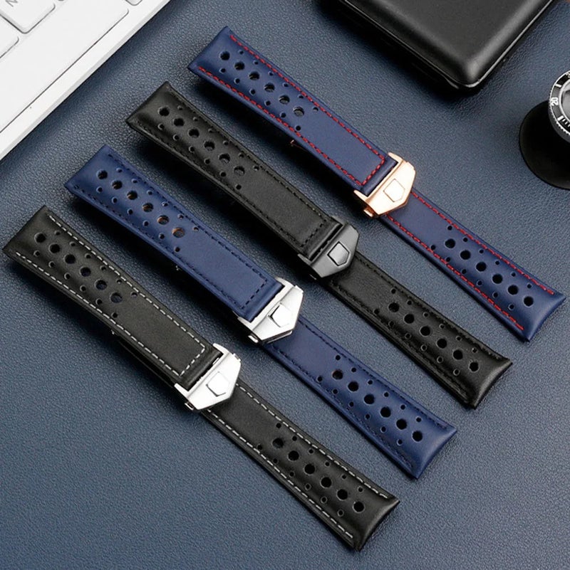 Bluejw Luxury 22mm Blue & White Genuine Calf Leather Watch Strap VINTAGE Rally Replacement Band Adjustable for Heue Wrist Watches - Image 2