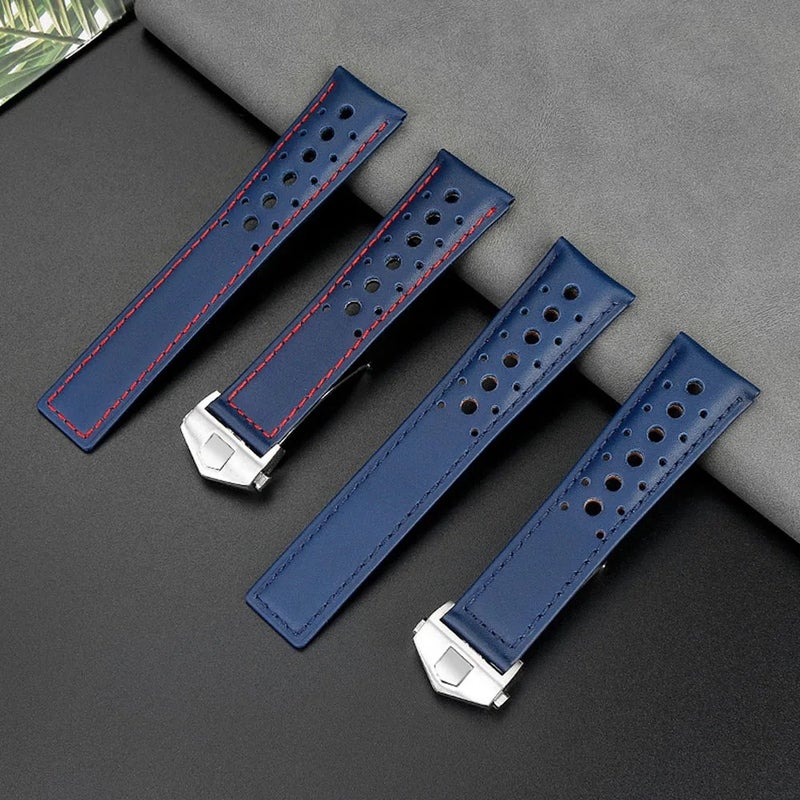 Bluejw Luxury 22mm Blue & White Genuine Calf Leather Watch Strap VINTAGE Rally Replacement Band Adjustable for Heue Wrist Watches - Image 4