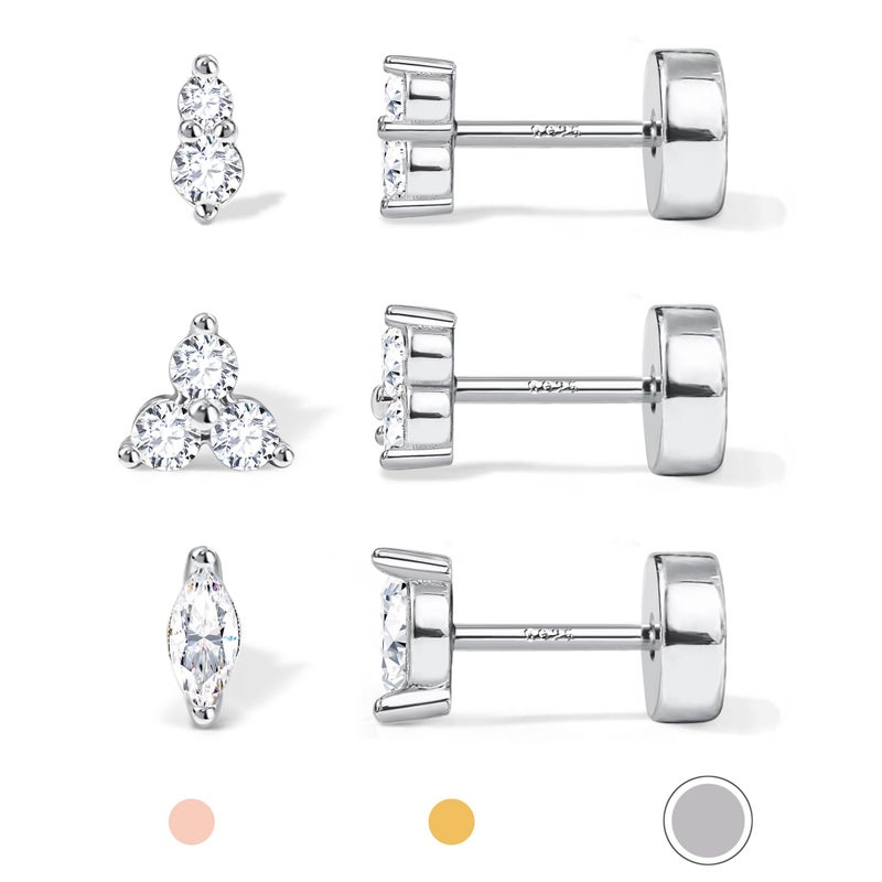 GEMQUEEN Hypoallergenic Flat Back Earrings White Gold Plated Solid 925 Sterling Silver Post Earring Stud Cartilage Helix Conch Tragus Piercing Jewelry 3 Pairs Screw Back CZ Opal Earings Sets for Women Men - Image 1