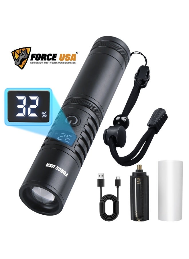 FORCE USA مصباح يدوي تلسكوبي - 2000 لومن مصباح LED عالي القوة مع شعاع قابل للتعديل ضوء محمول متين للتخييم والمشي في الطبيعة والطوارئ والاستخدام المنزلي - Image 5