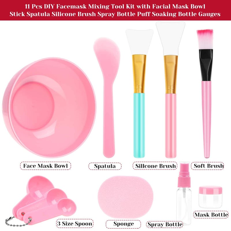 anezus 11 Pcs DIY Facial mask Mixing Tool Kit with Bowl Stick Spatula Silicone Brush Spray Bottle Puff Soaking Bottle Gauges (Pink) - Image 2