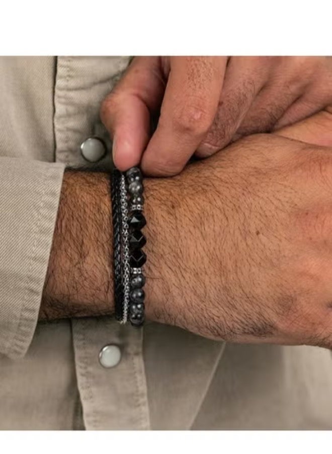 MAGNISHAN Mens Hip Hop Multi Layer Elastic Bracelet Set Faceted Black Hematite Iridescent Labradorite Genuine Leather Silver Accents - Image 2