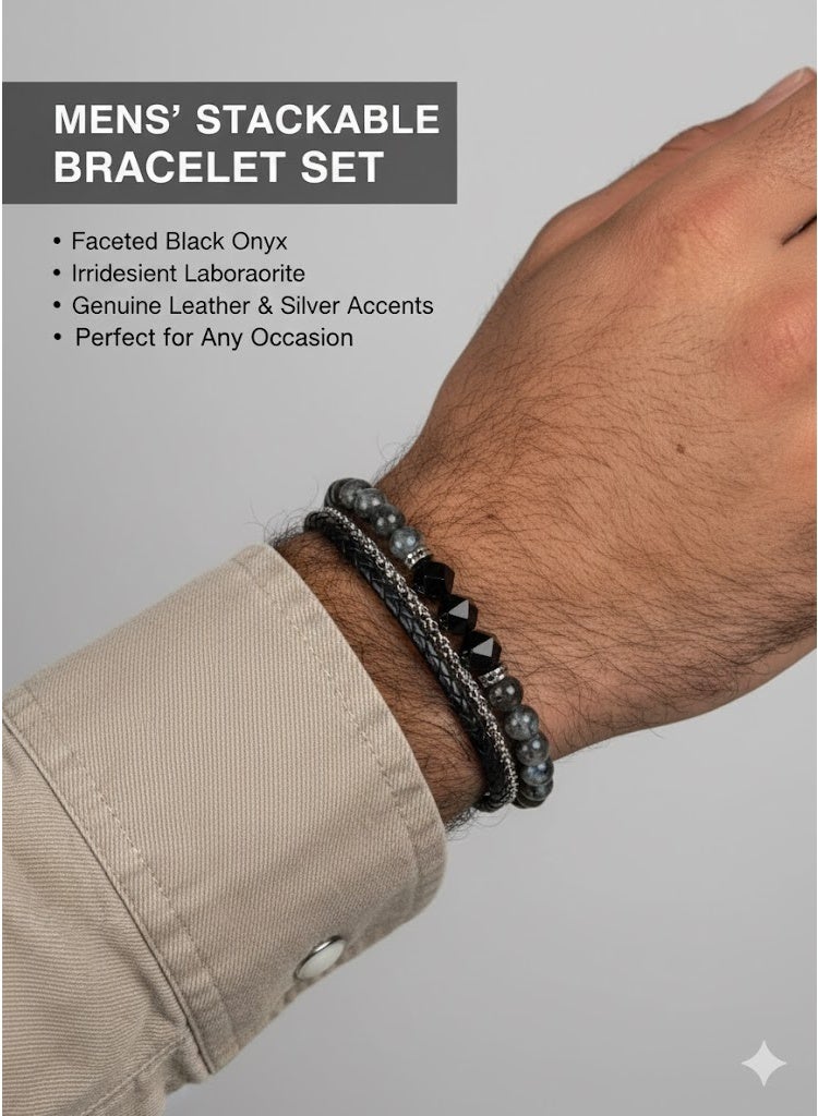 MAGNISHAN Mens Hip Hop Multi Layer Elastic Bracelet Set Faceted Black Hematite Iridescent Labradorite Genuine Leather Silver Accents - Image 1