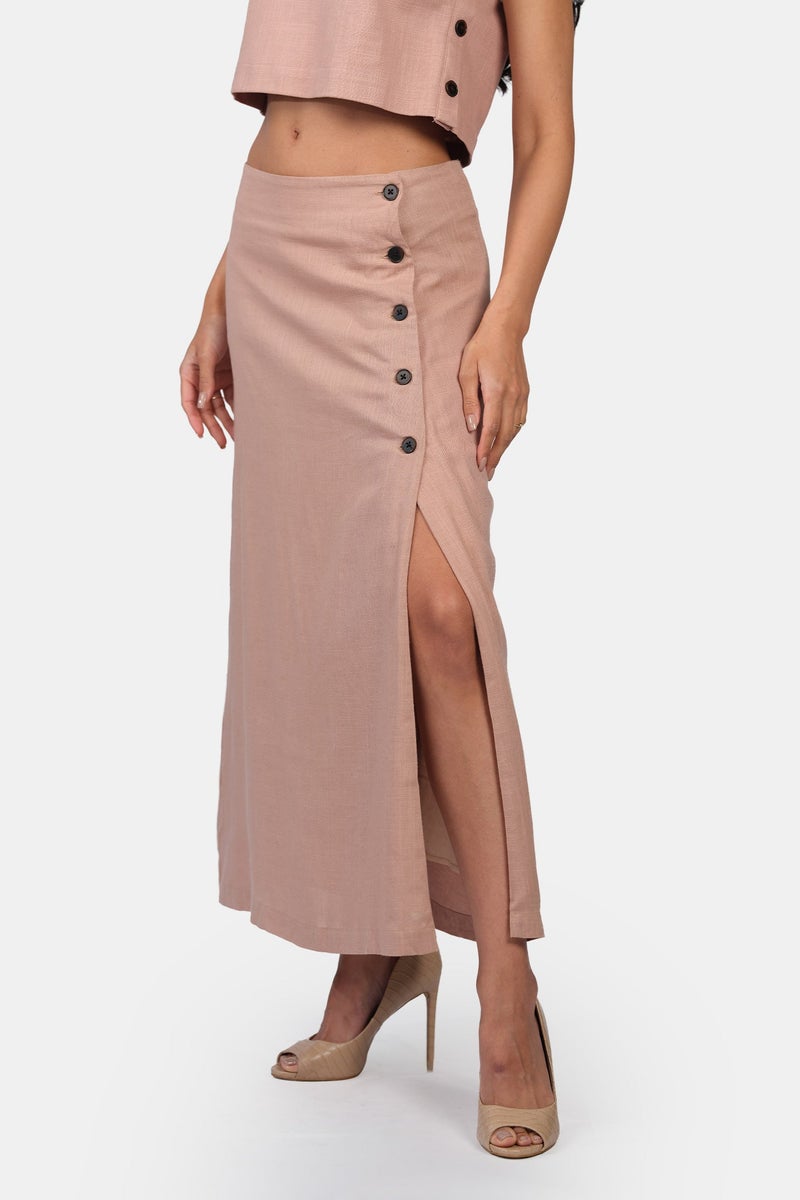 Virgio Solid Linen A-Line Fit Side Slit Long Skirt for Women - Image 3