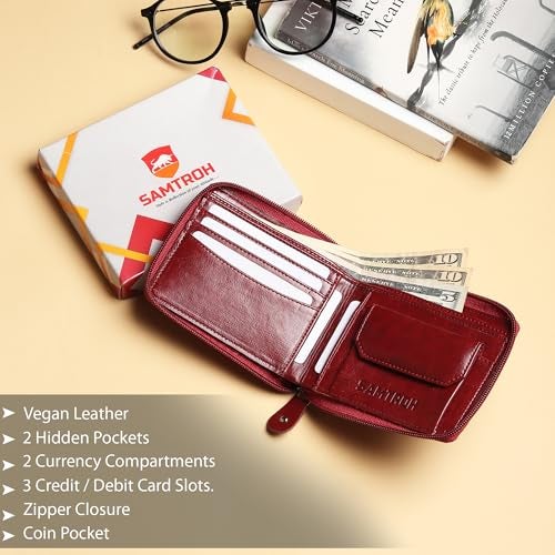 SAMTROH Unisex Denim Zipper Round Chain Vegan Leather Wallet | 3 Card Slots, 2 Currency Compartments, 2 Secret Pocket & Coin Pocket | Stylish Purse with Card Holder for Men and Women (Red) - Image 3