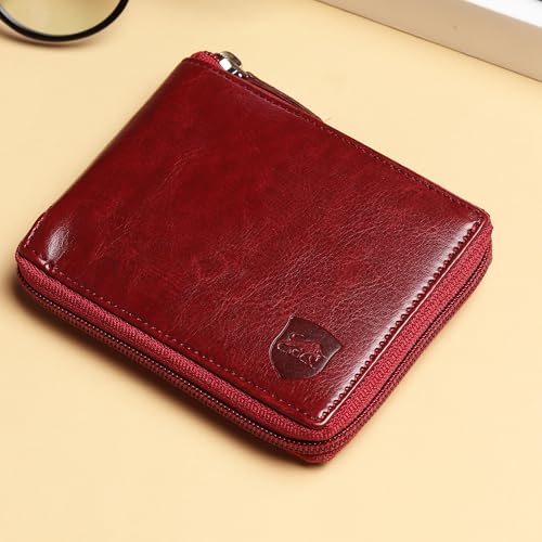 SAMTROH Unisex Denim Zipper Round Chain Vegan Leather Wallet | 3 Card Slots, 2 Currency Compartments, 2 Secret Pocket & Coin Pocket | Stylish Purse with Card Holder for Men and Women (Red) - Image 2
