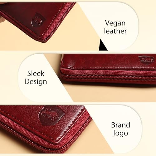 SAMTROH Unisex Denim Zipper Round Chain Vegan Leather Wallet | 3 Card Slots, 2 Currency Compartments, 2 Secret Pocket & Coin Pocket | Stylish Purse with Card Holder for Men and Women (Red) - Image 5