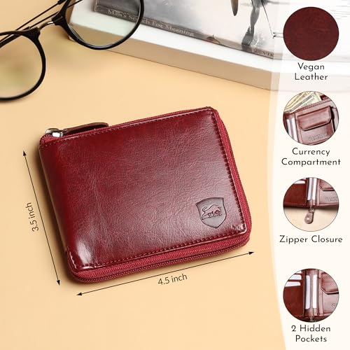 SAMTROH Unisex Denim Zipper Round Chain Vegan Leather Wallet | 3 Card Slots, 2 Currency Compartments, 2 Secret Pocket & Coin Pocket | Stylish Purse with Card Holder for Men and Women (Red) - Image 4