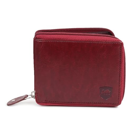 SAMTROH Unisex Denim Zipper Round Chain Vegan Leather Wallet | 3 Card Slots, 2 Currency Compartments, 2 Secret Pocket & Coin Pocket | Stylish Purse with Card Holder for Men and Women (Red) - Image 1
