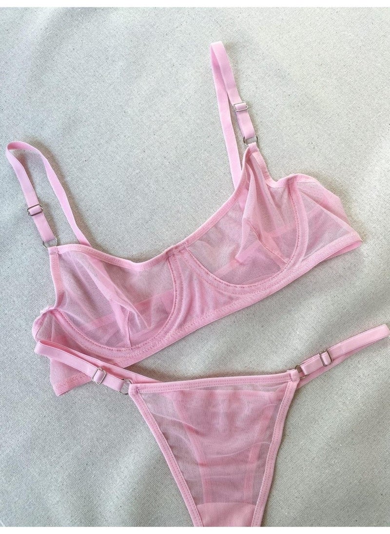 La Linaa Women Pink Tulle Thong Panty Bra Set 