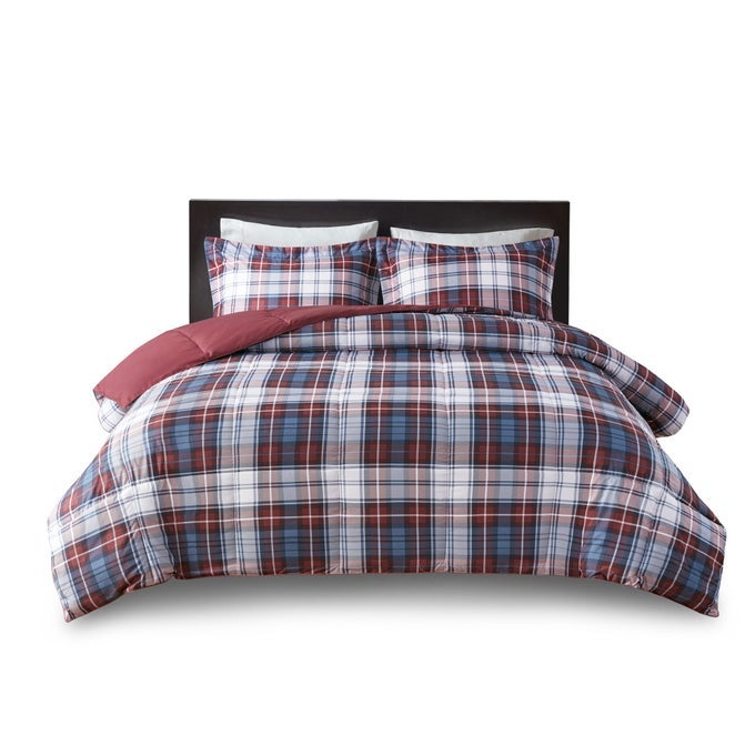 ESSENTIALS PARKSTON PLAID COMFORTER MATCHING SHAM 3M SCOTCHGUARD STAIN RELEASE COVER HYPOALLERGENIC ALL SEASON BEDDINGSET FULLQUEEN RED 3 PIECE