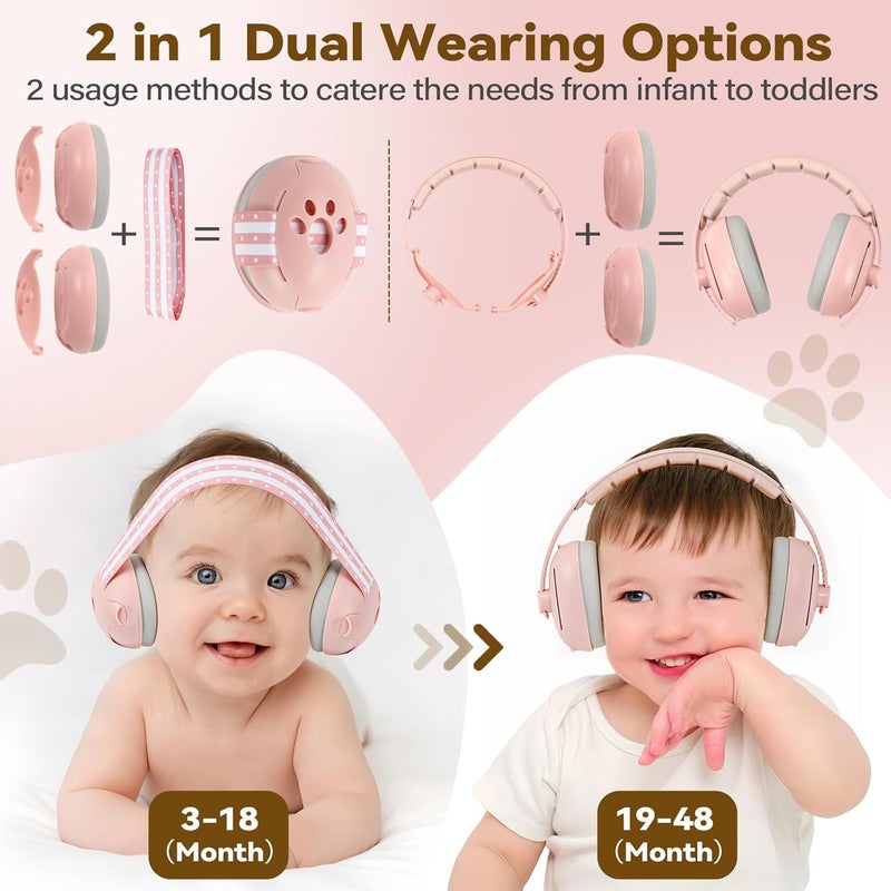 DITHIN Store Baby Ear Muffs Noise Protection, 2-In-1 Baby Noise Cancelling Headphones for 0-48 Months Infants Toddlers, Travel Essentials for Airplane Fireworks Sleeping Pink - Image 2