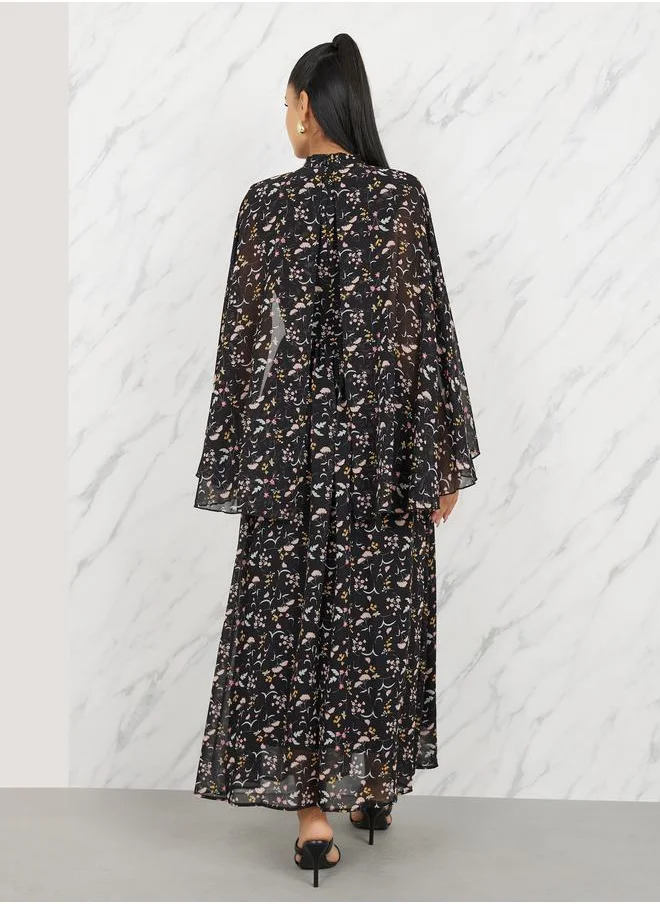 Styli Ditsy Print Tie Up Neck A-Line Maxi Dress