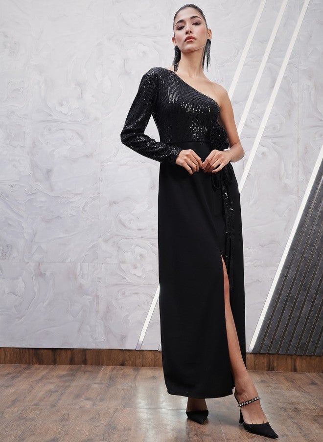 Athena Black Embellished One Shoulder Maxi Dress for Women - Image 1