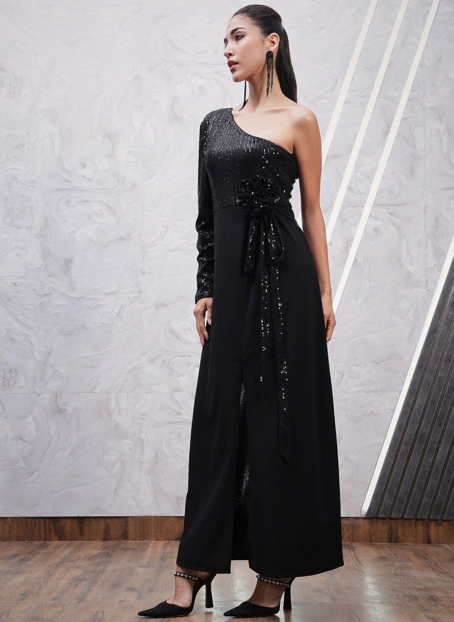 Athena Black Embellished One Shoulder Maxi Dress for Women - Image 3
