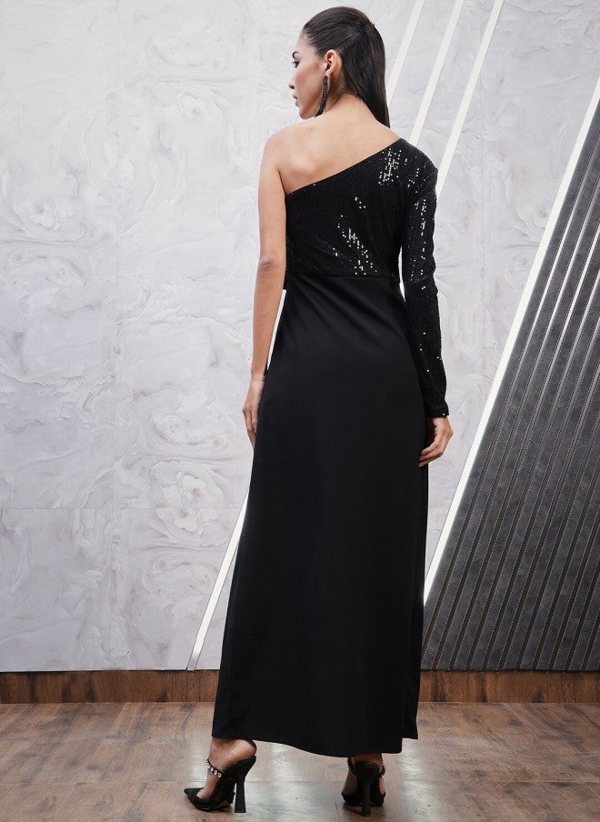 Athena Black Embellished One Shoulder Maxi Dress for Women - Image 4